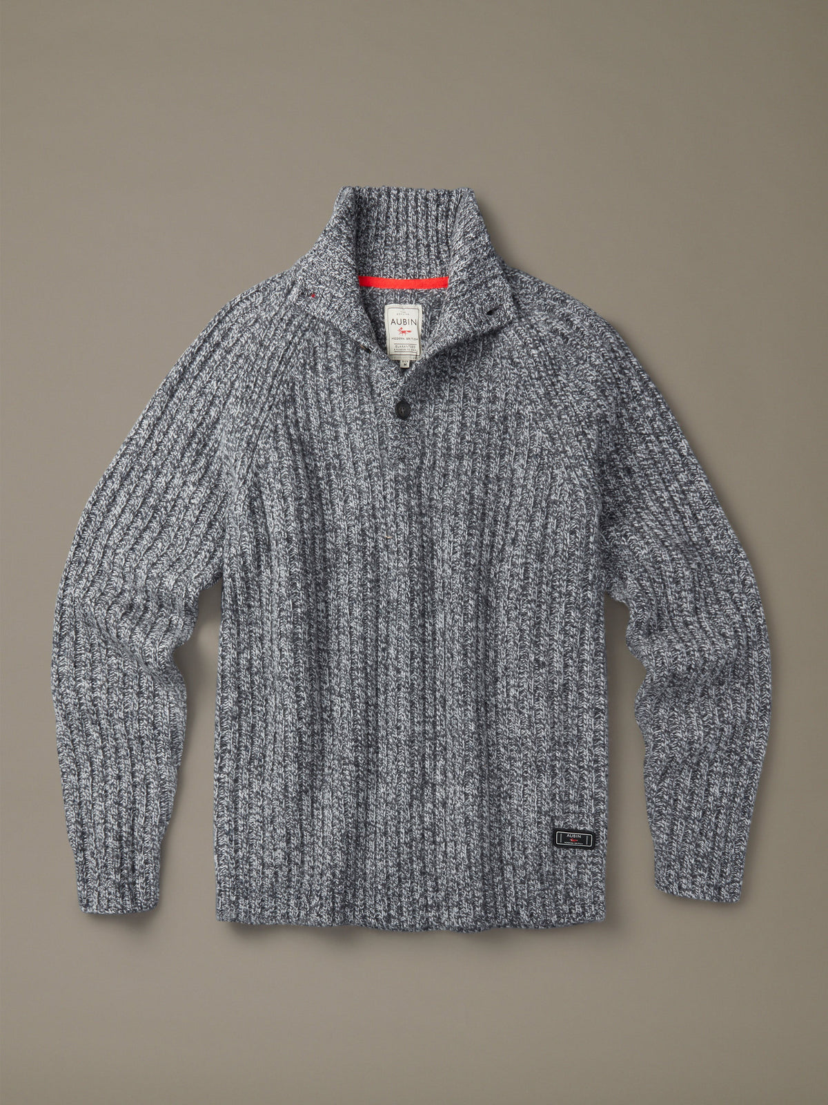 Aubin Grey Twist Farnham Fisherman Rib Button Neck Jumper | Button Neck