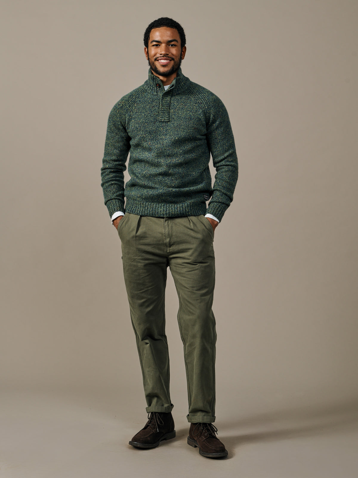 Aubin Khaki Firsby Conceald Button Neck Jumper | Button Neck