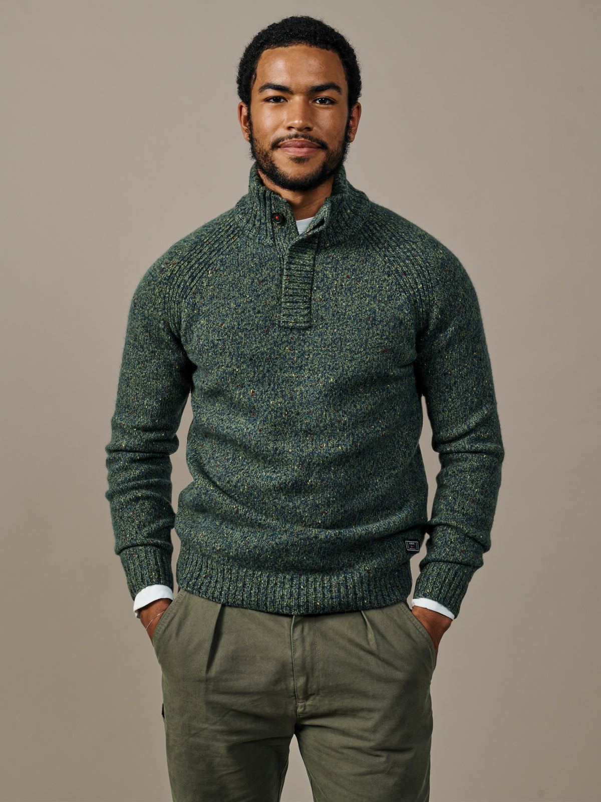 Aubin Khaki Firsby Conceald Button Neck Jumper | Button Neck