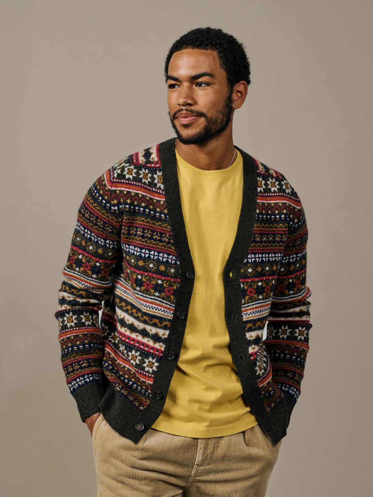 Aubin Khaki Fairisle Wheldrake Fairisle Cardigan | Cardigan