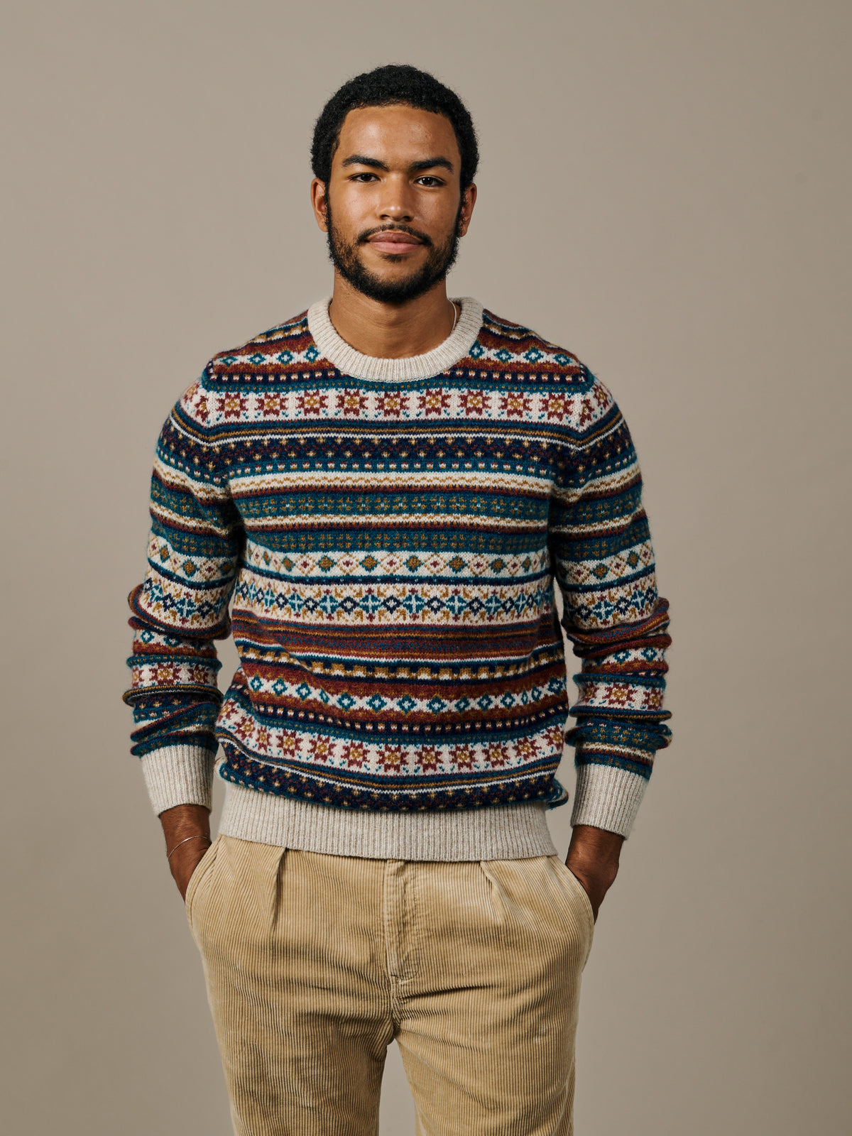 Aubin Navy/Ecru Lindale Fairisle Crew Neck Jumper | Crew Neck