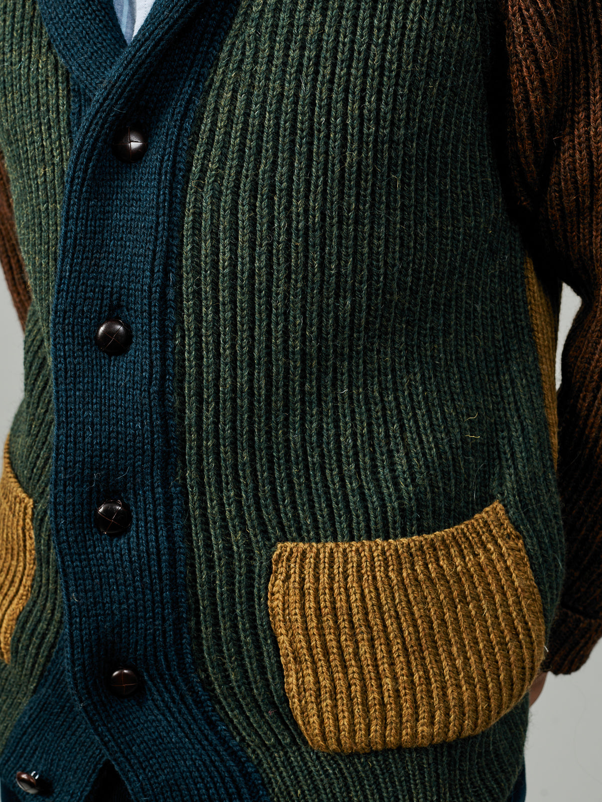 Aubin Khaki/Brown Patchwork Earl Shawl Collar Cardigan | Cardigan