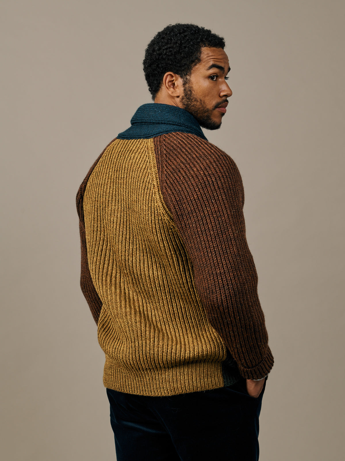 Aubin Khaki/Brown Patchwork Earl Shawl Collar Cardigan | Cardigan