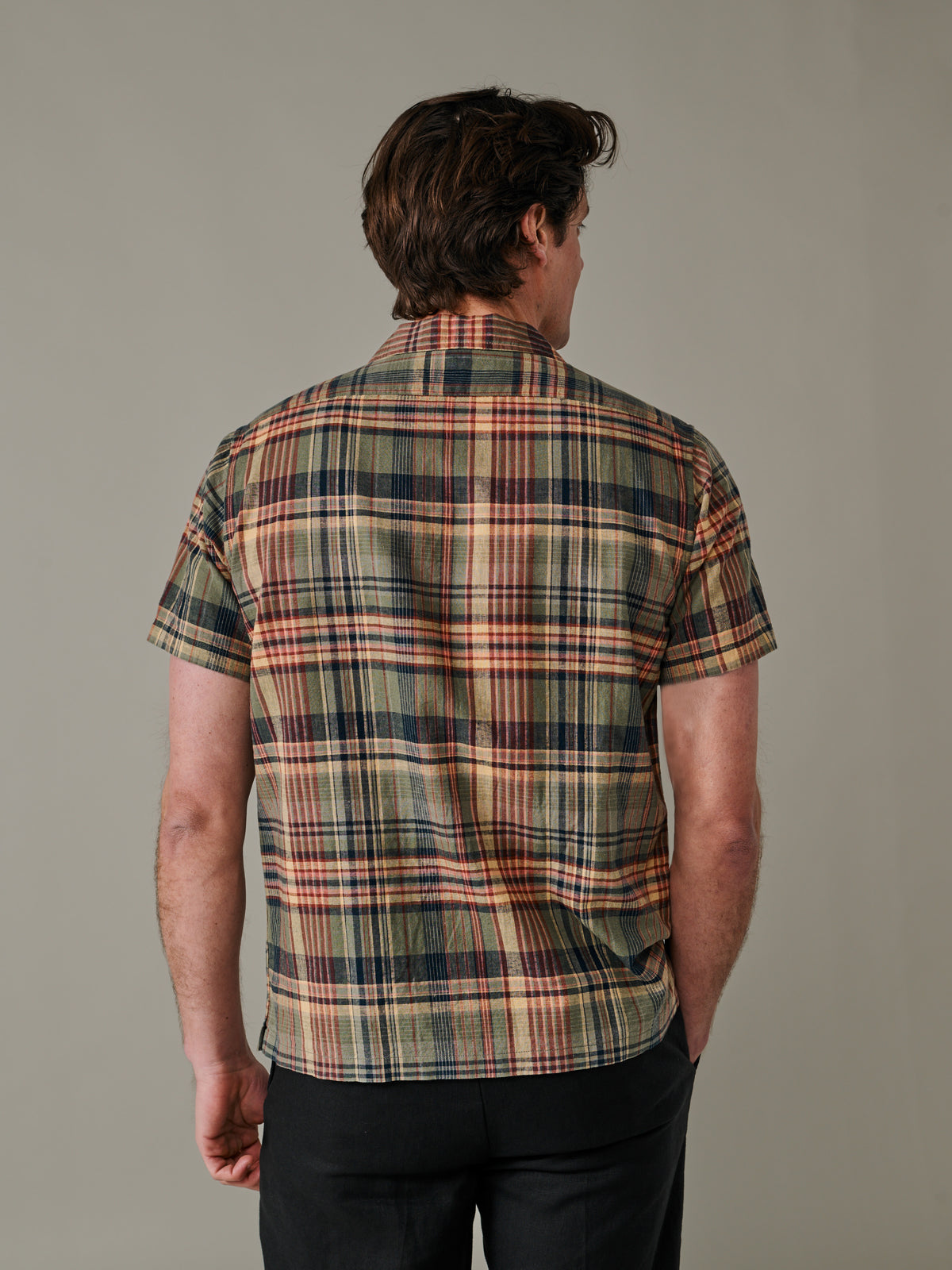 Aubin Khaki Check Abbots Cuban Collar Shirt | Short Sleeve Shirt