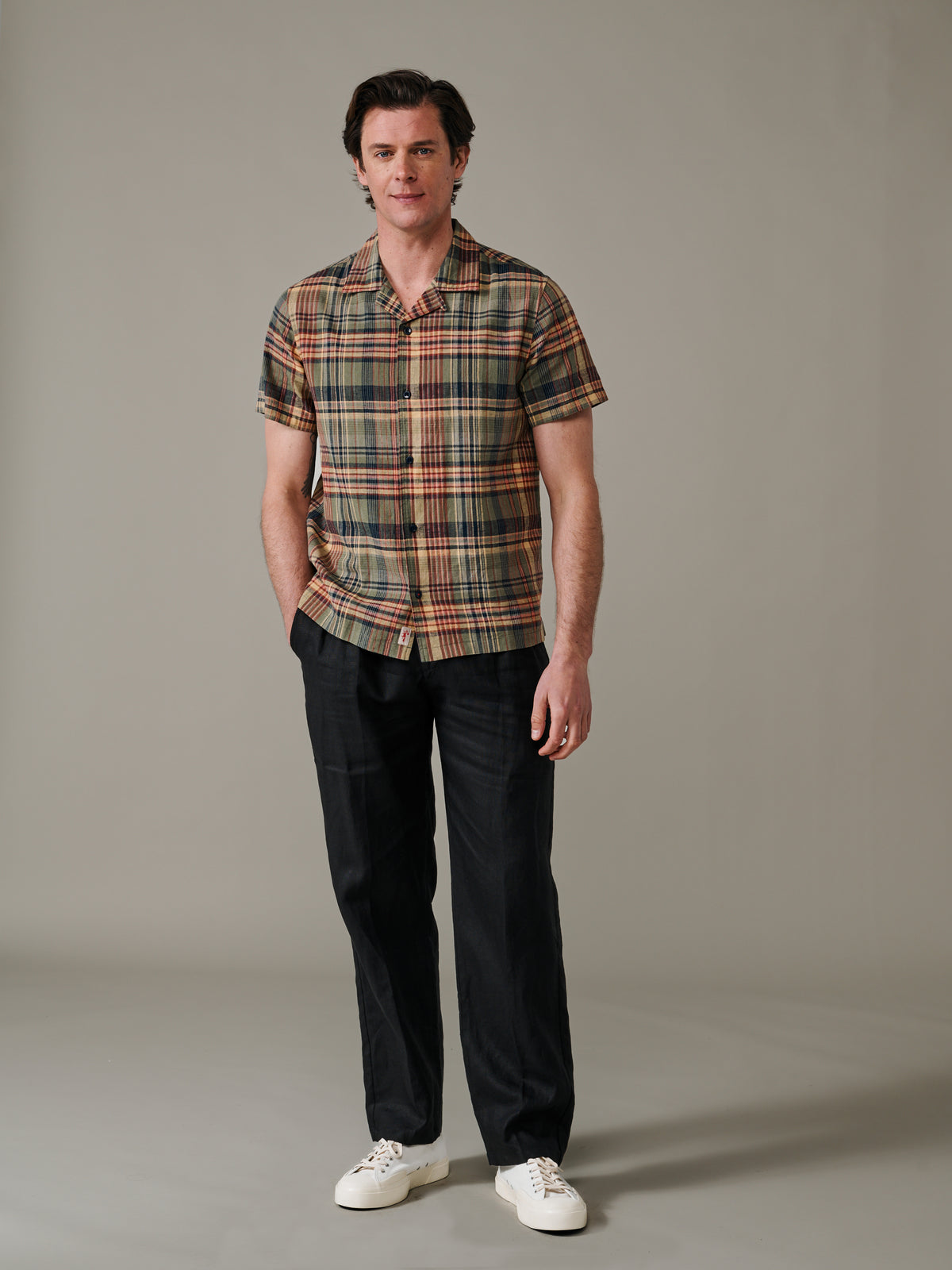 Aubin Khaki Check Abbots Cuban Collar Shirt | Short Sleeve Shirt