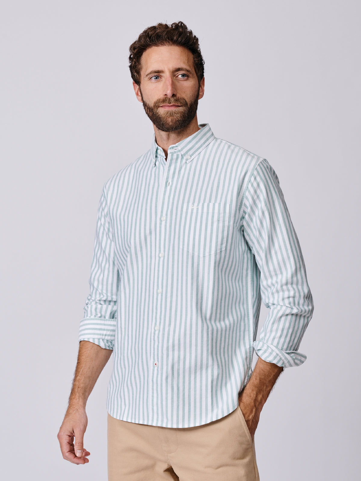 Aubin Thin Green Stripe Aldridge Oxford Button Down Shirt | Oxford Shirt