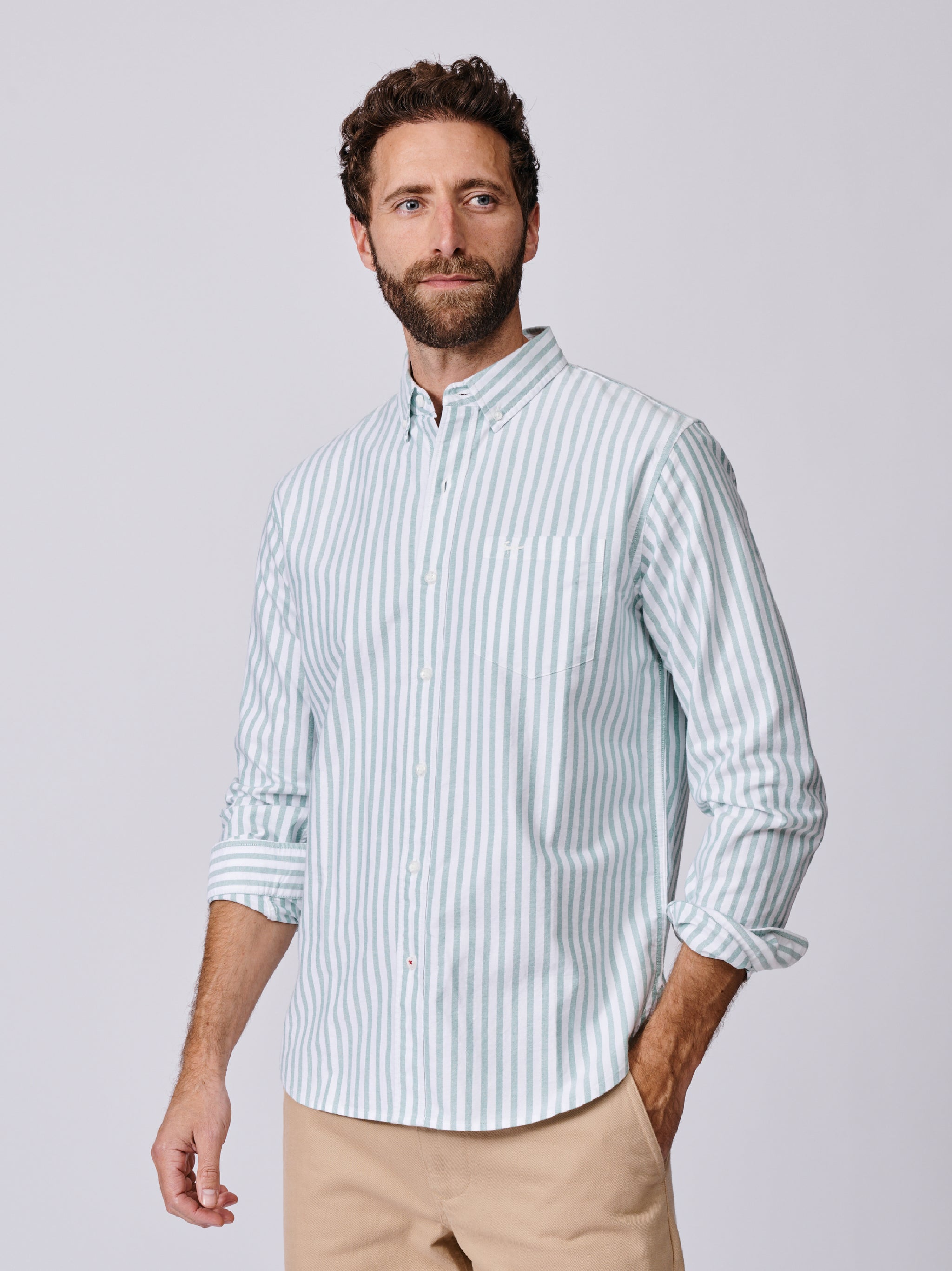 Thin Green Stripe Oxford Button Down Shirt | Aubin