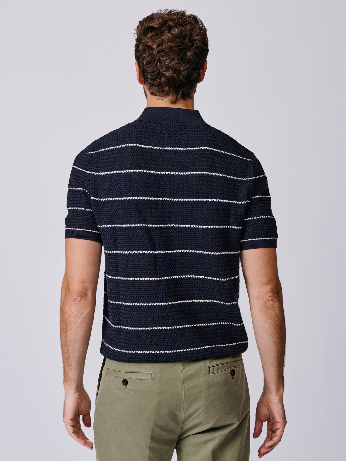Aubin Navy/Ecru Stripe Alford Textured Polo | Knitted Polo