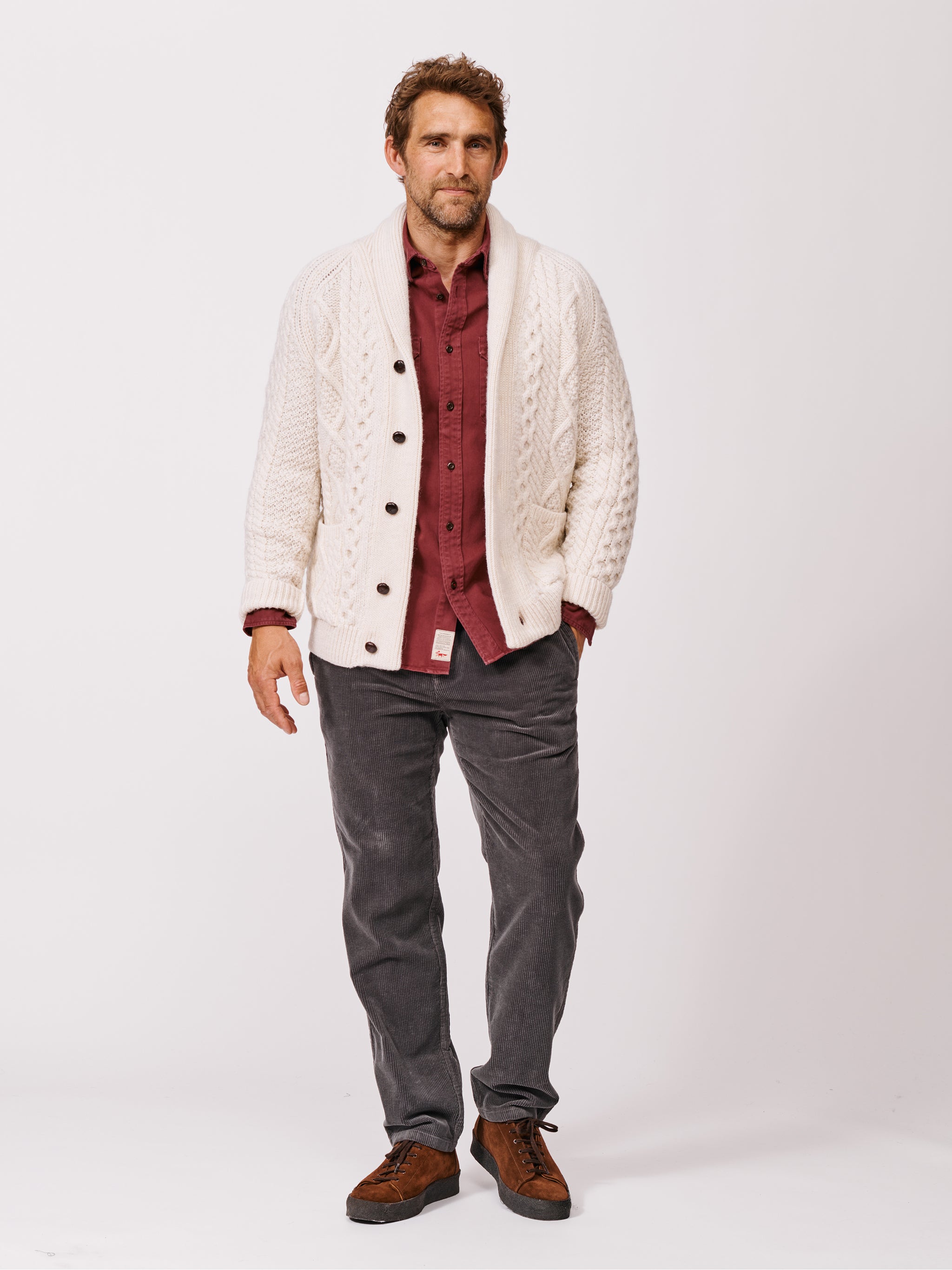 Ecru British Wool Aran Cable Knit Cardigan | Aubin