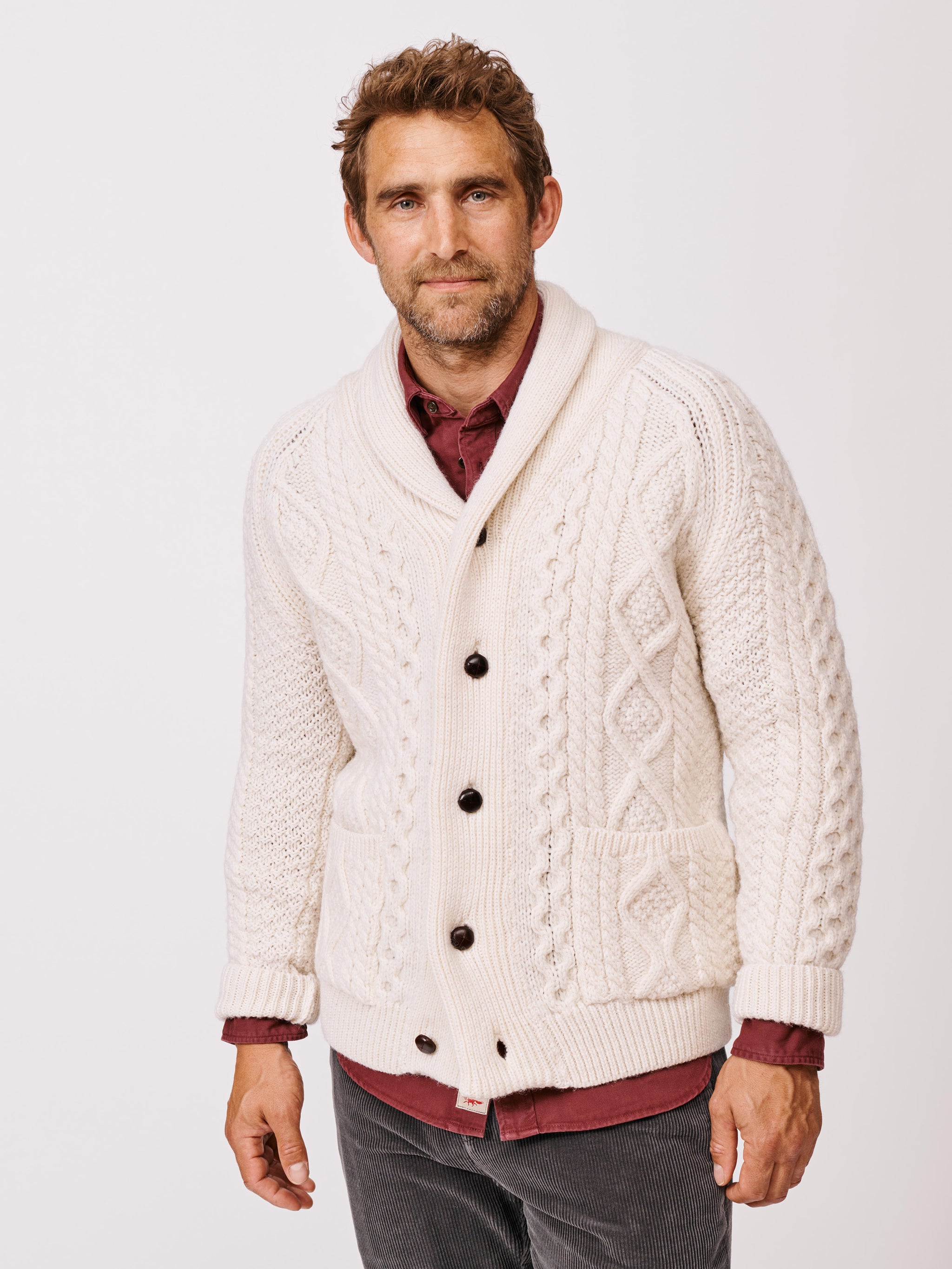 Ecru British Wool Aran Cable Knit Cardigan | Aubin