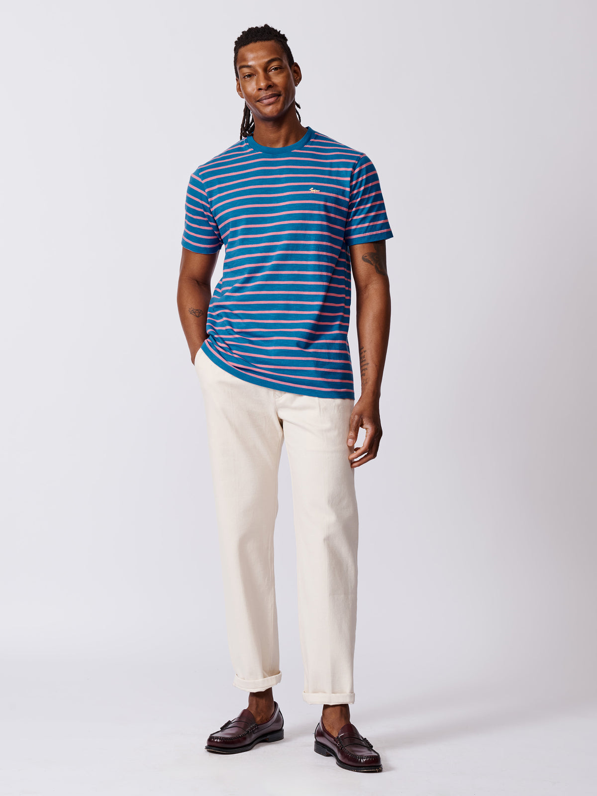 Aubin Cornflower Stripe Berkeley Slub T-Shirt | Striped Tee