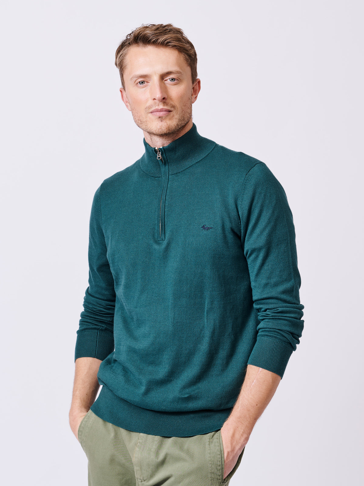 Aubin Khaki Daw Cotton Zip Neck | Knitwear