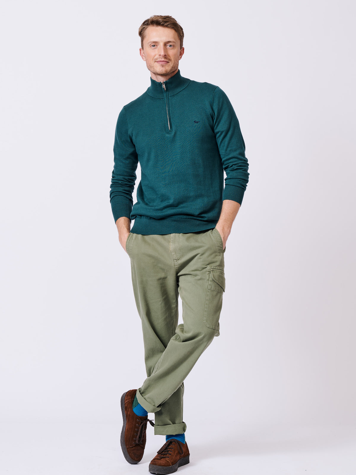 Aubin Khaki Daw Cotton Zip Neck | Knitwear