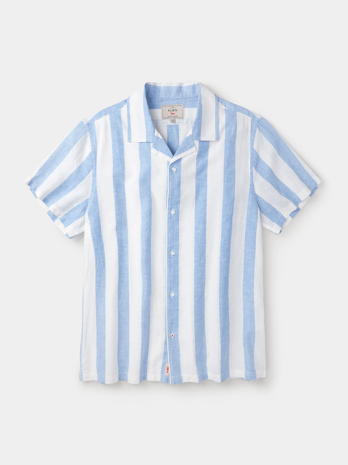Aubin Wide Blue Stripe Abbey Cuban Collar Short Sleeved Shirt | Short Sleeve Shirt