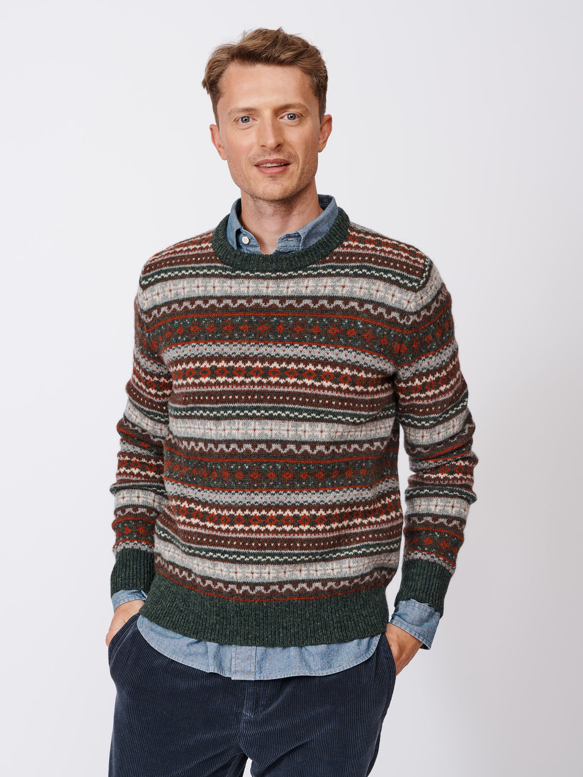 Aubin Khaki Fairisle Fairisle Wool Crew Neck Jumper | Crew Neck