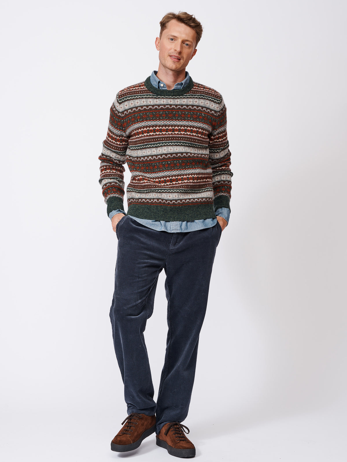 Aubin Khaki Fairisle Fairisle Wool Crew Neck Jumper | Crew Neck