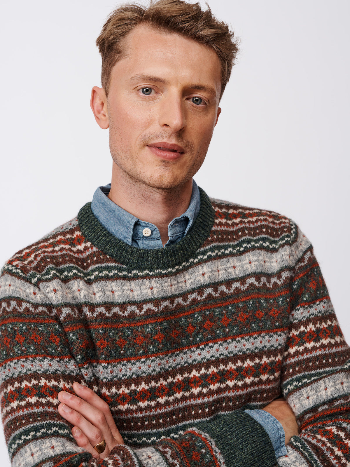 Aubin Khaki Fairisle Fairisle Wool Crew Neck Jumper | Crew Neck
