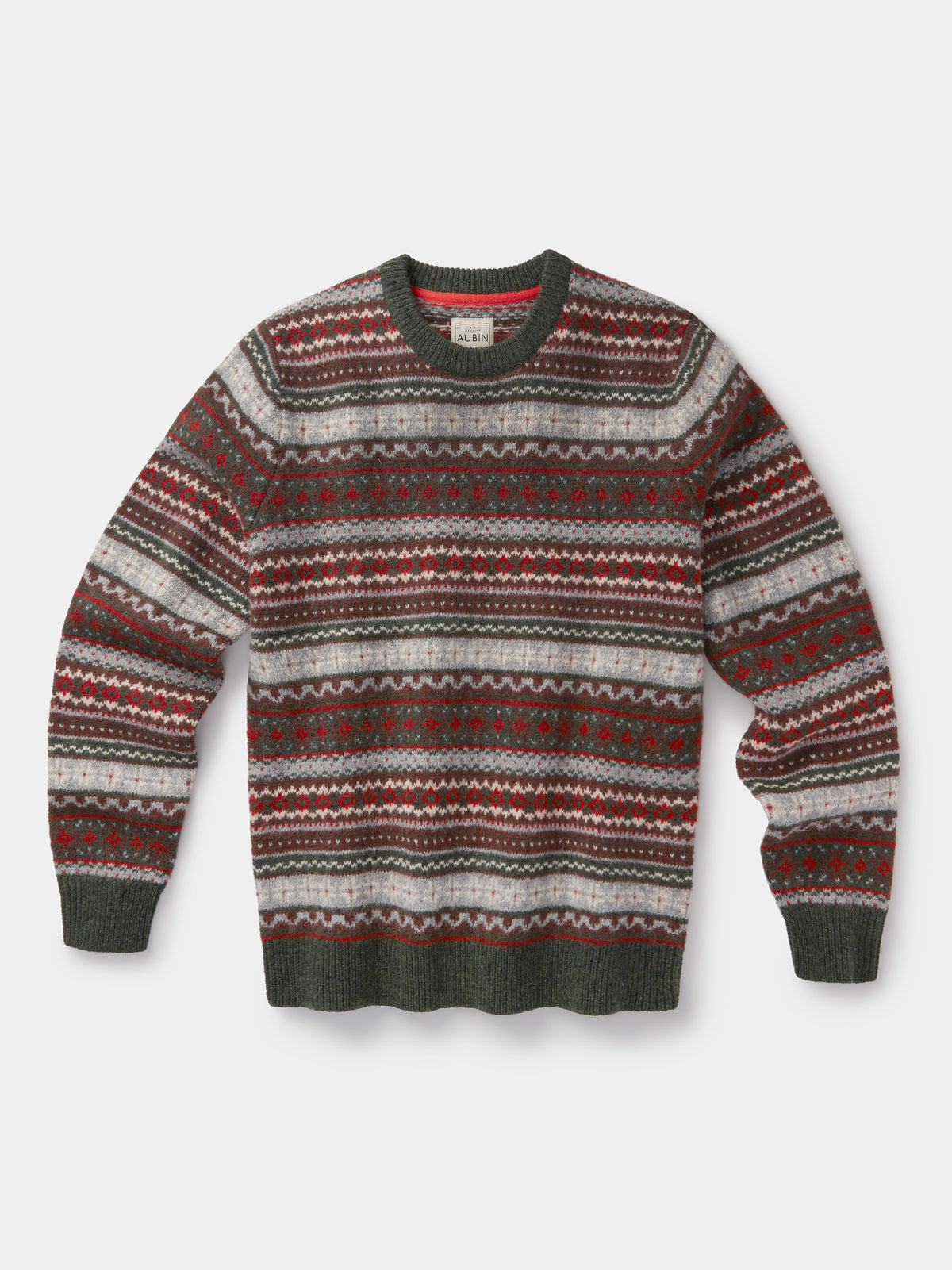 Aubin Khaki Fairisle Fairisle Wool Crew Neck Jumper | Crew Neck