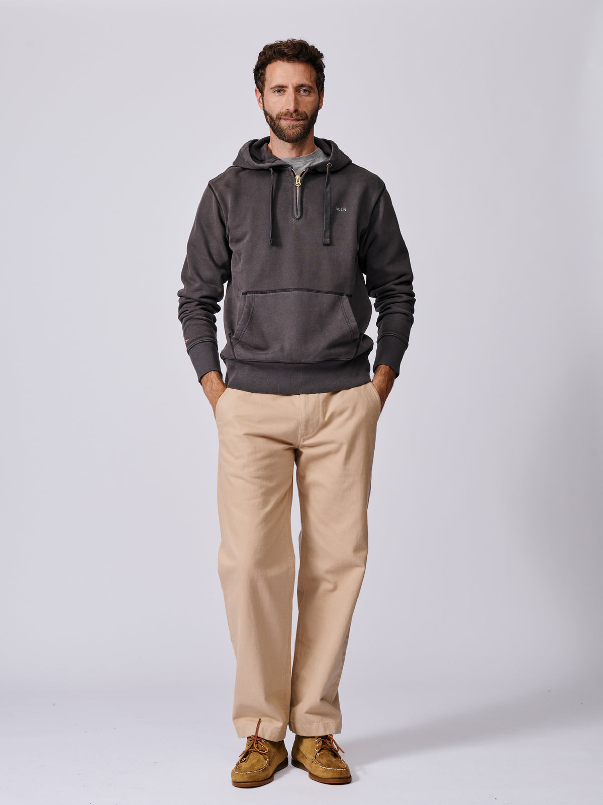 Aubin Washed Black Baildon Zip Neck Hoody | Hoody