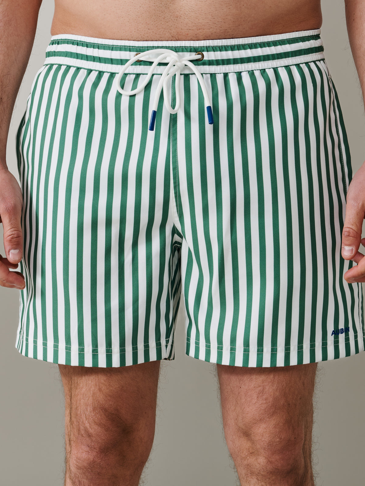 Aubin Green Narrow Stripe Bardney Swim Short | Swim Shorts