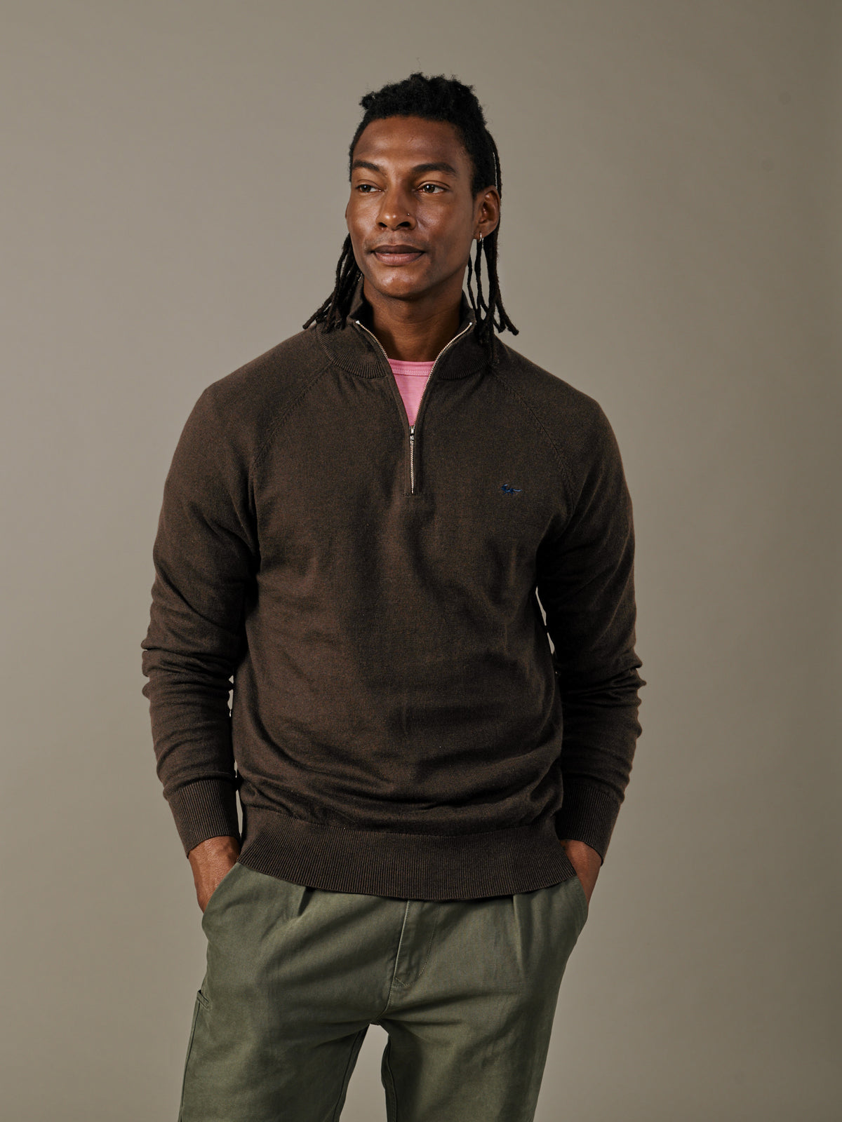 Aubin Chocolate Bonby Cotton Zip Neck Jumper | Zip Neck