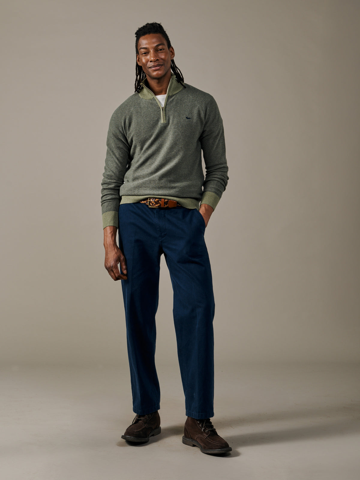 Aubin Khaki Mix Bonby Cotton Zip Neck | Zip Neck