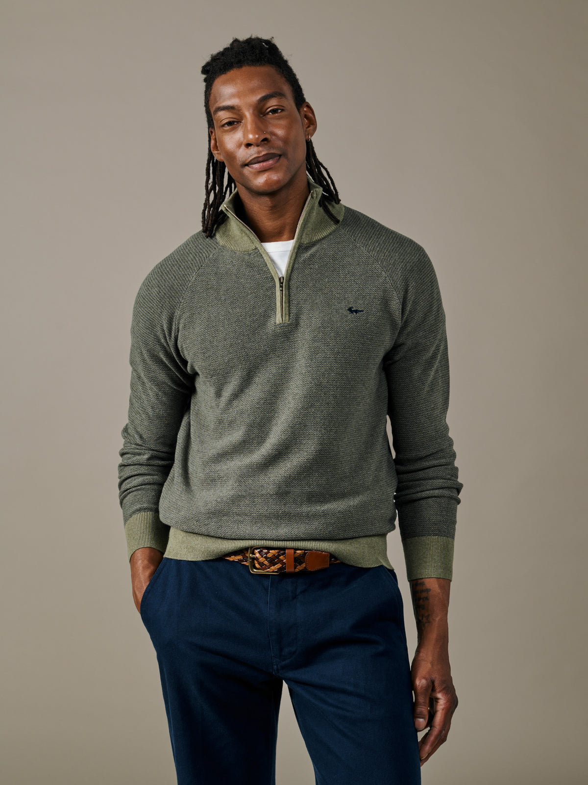 Aubin Khaki Mix Bonby Cotton Zip Neck | Zip Neck