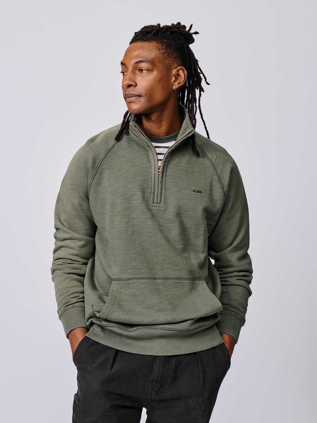 Aubin Washed Khaki Castleton Slub Zip Neck | Sweat Tops