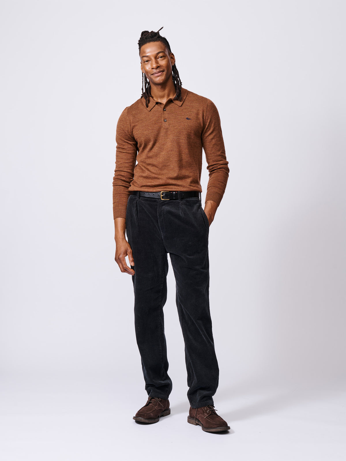 Aubin Rust Chapel Extra Fine Merino Long Sleeve Polo | Knitted Polo