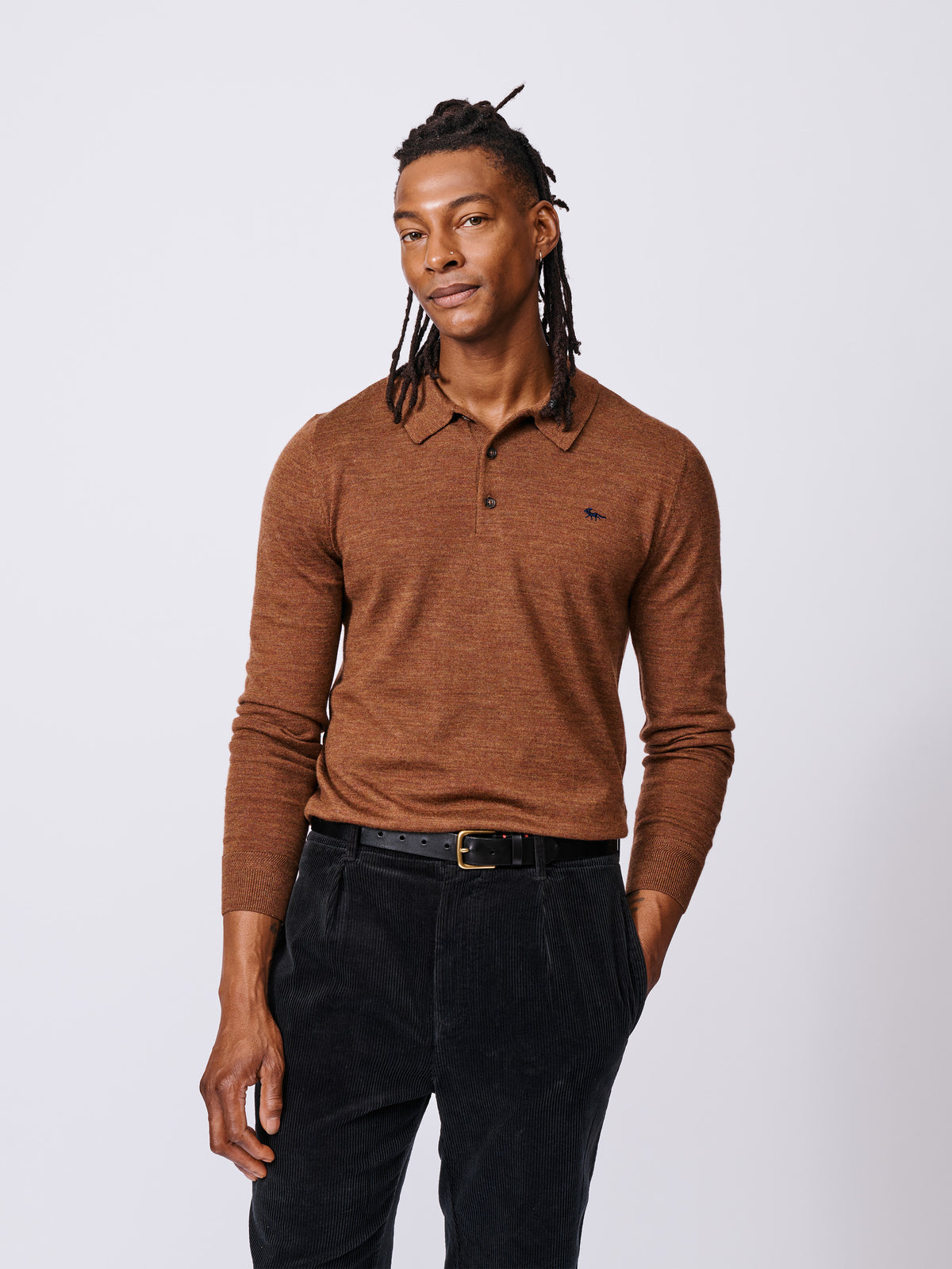 Aubin Rust Chapel Extra Fine Merino Long Sleeve Polo | Knitted Polo