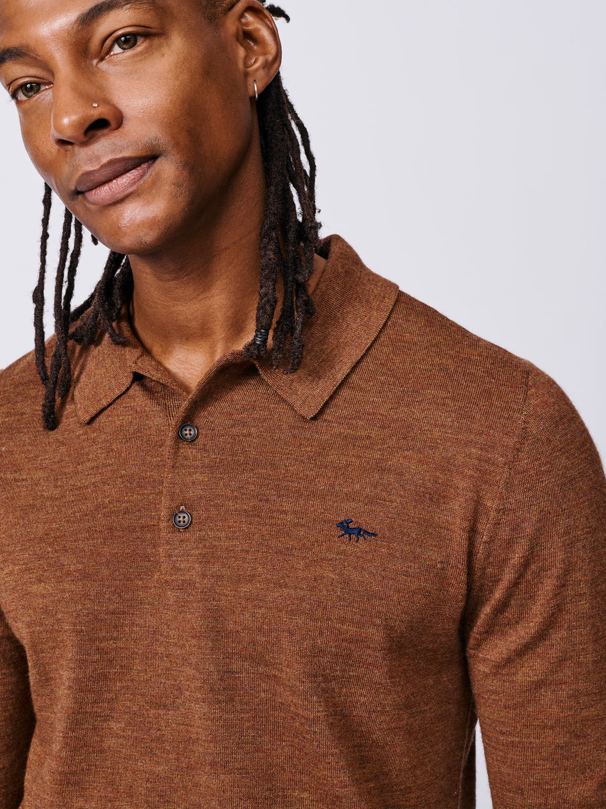 Aubin Rust Chapel Extra Fine Merino Long Sleeve Polo | Knitted Polo