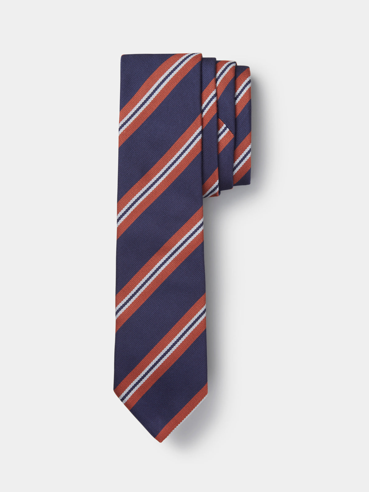 Aubin Silk Tie in Navy/Tan Stripe, styled as part of the Pocket Square & Tie Set