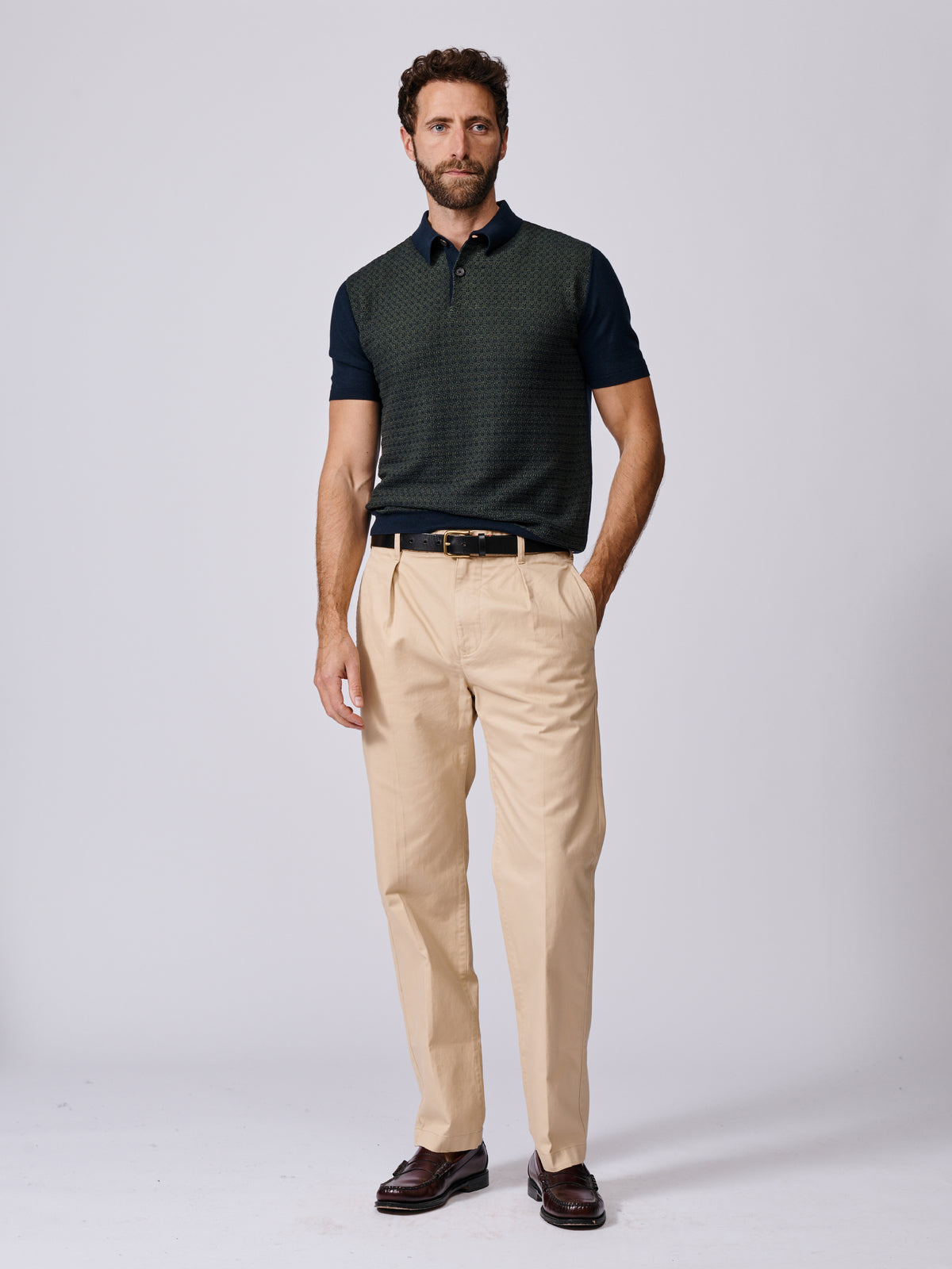 Aubin Navy/Green Coleridge Textured Front Polo | Knitted Polo
