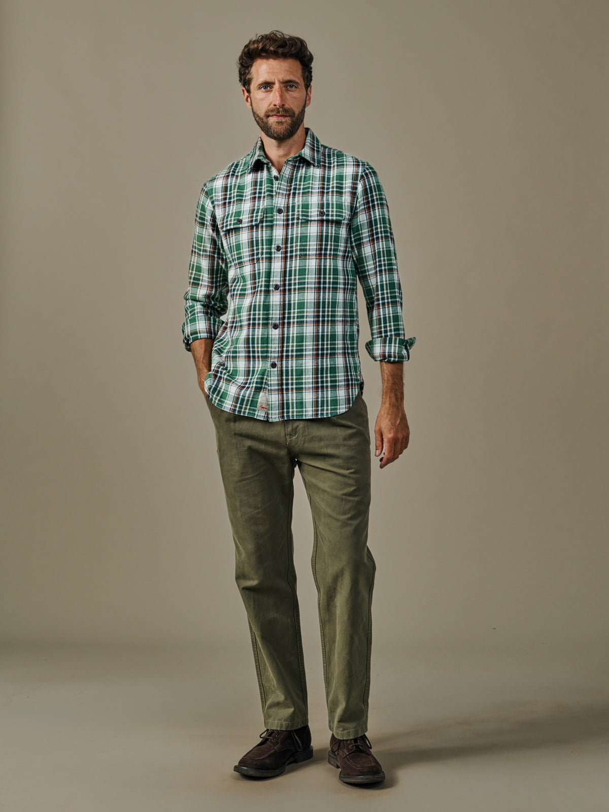 Aubin Green/Ecru Check Crowle Flannel Shirt | Checked Shirt