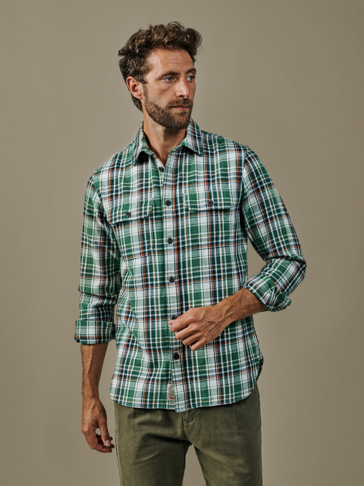 Aubin Green/Ecru Check Crowle Flannel Shirt | Checked Shirt