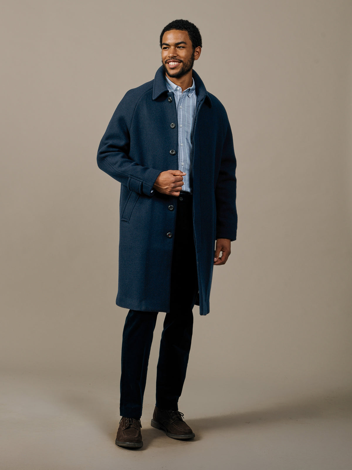 Aubin Navy Herringbone Dawes Overcoat | Overcoat