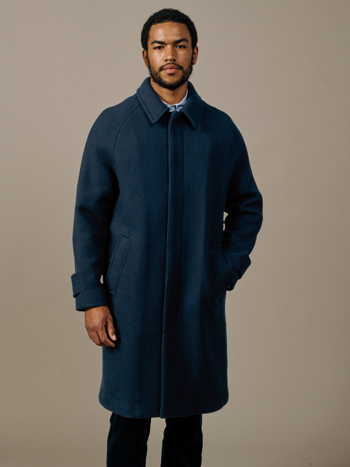 Aubin Navy Herringbone Dawes Overcoat | Overcoat