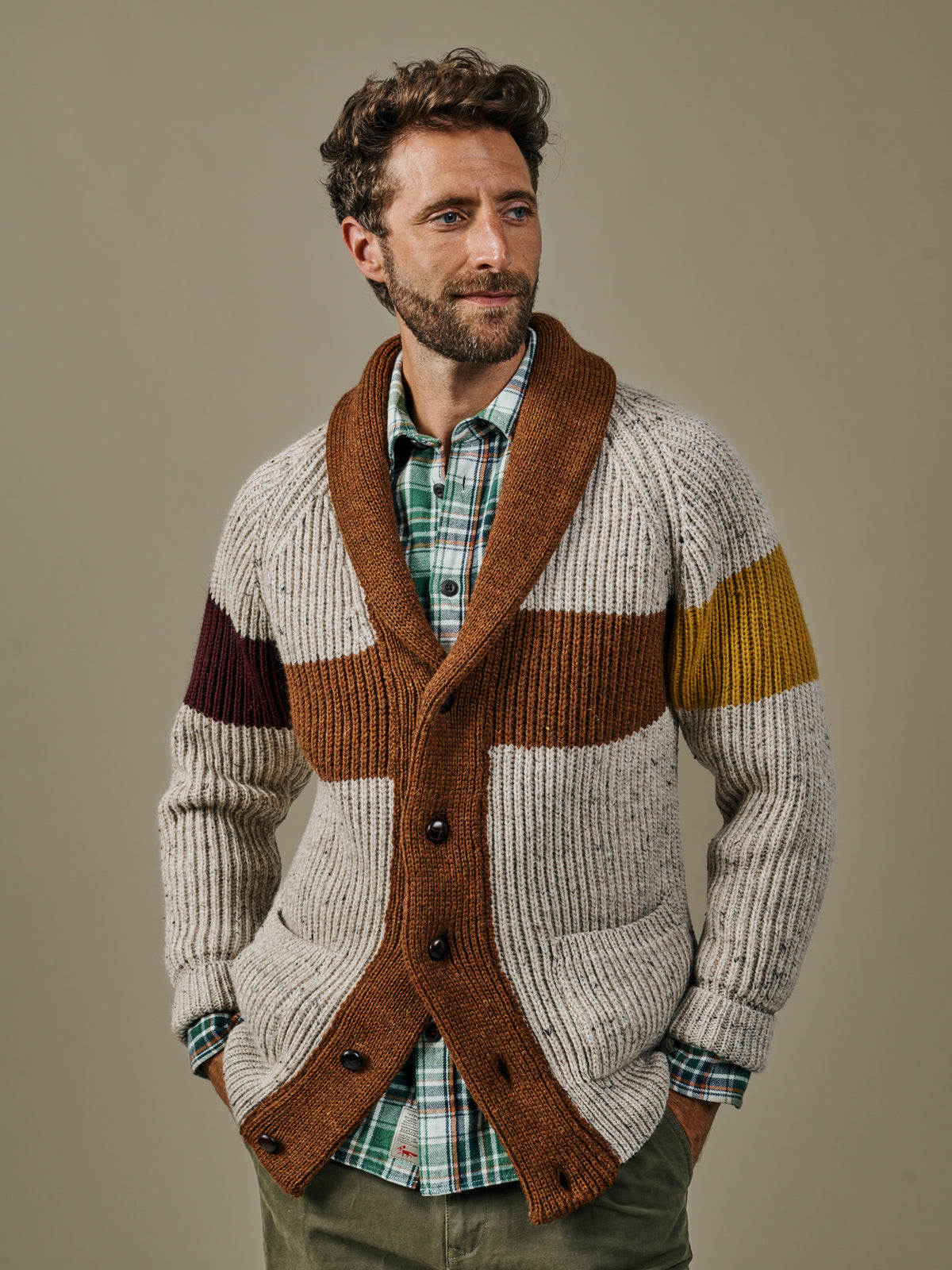 Aubin Ecru/Tan Mix Earl Shawl Collar Cardigan | Cardigan