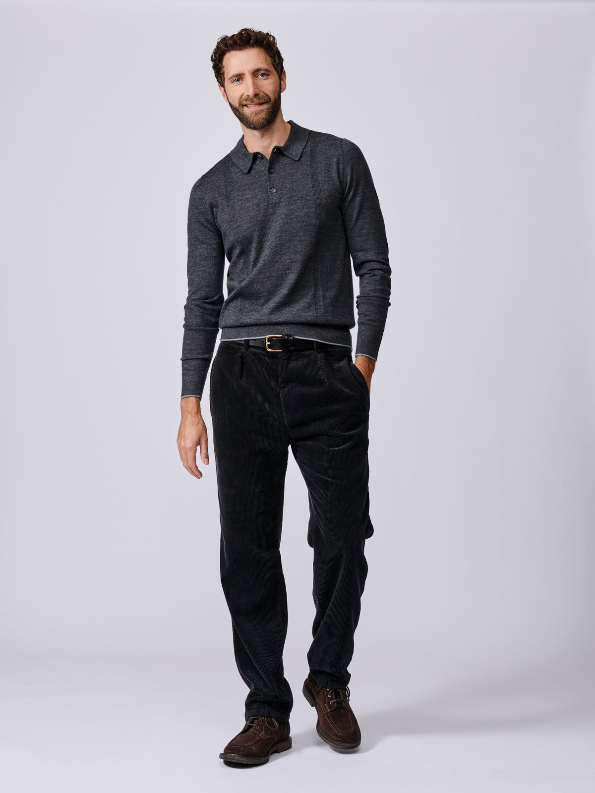 Aubin Dark Charcoal Elm Extra Fine Merino Textured Long Sleeve Polo | Knitted Polo