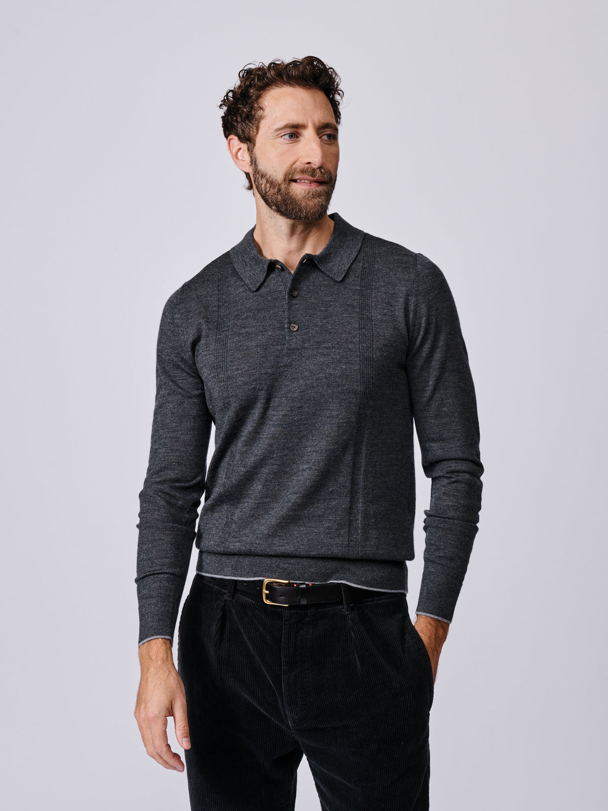 Aubin Dark Charcoal Elm Extra Fine Merino Textured Long Sleeve Polo | Knitted Polo