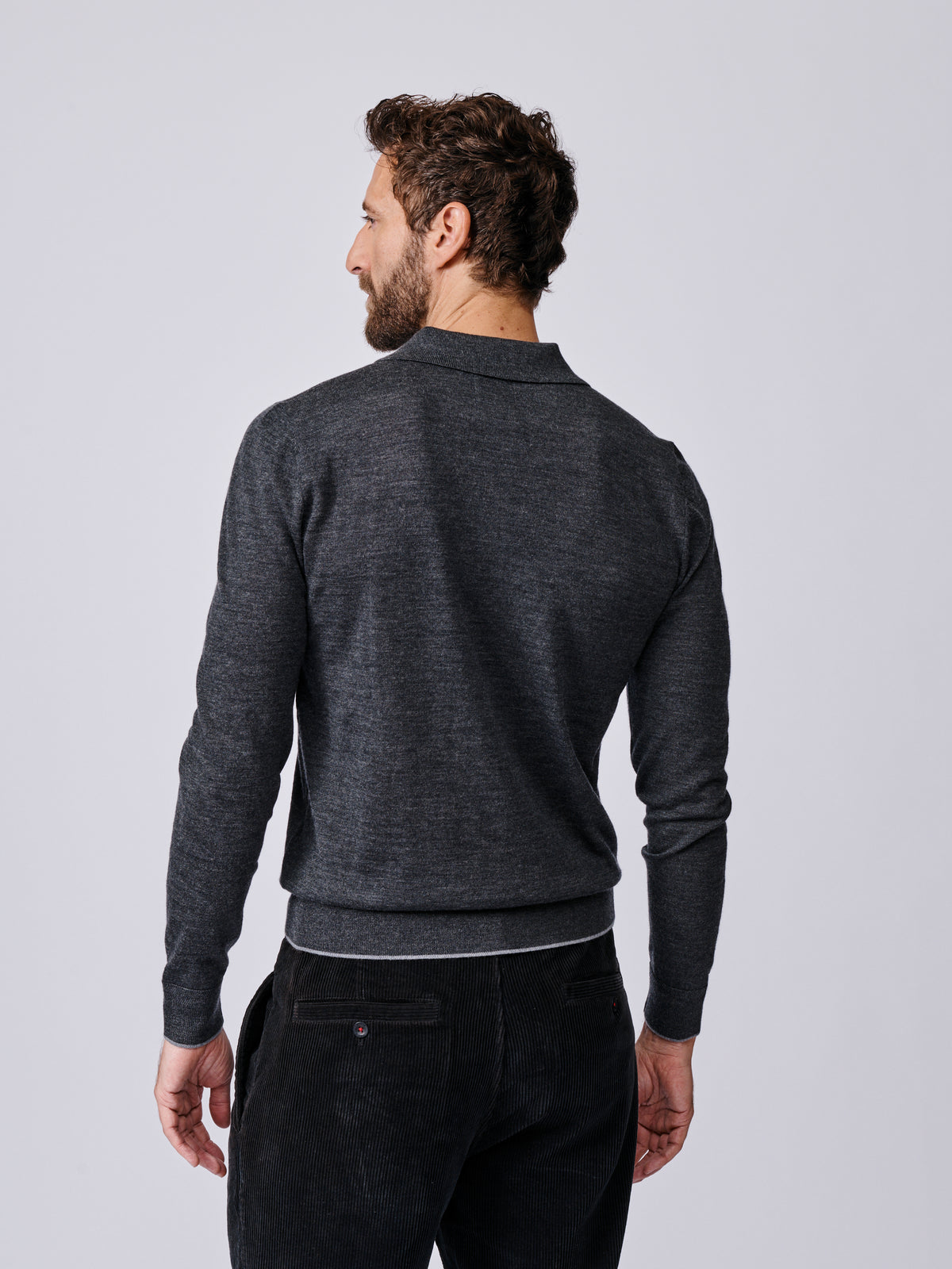 Aubin Dark Charcoal Elm Extra Fine Merino Textured Long Sleeve Polo | Knitted Polo
