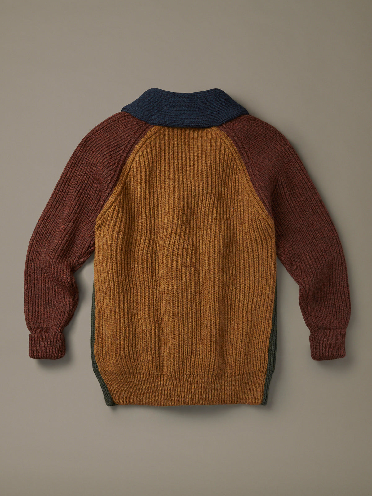 Aubin Earl Shawl Collar Cardigan in Khaki/Brown Patchwork, back view