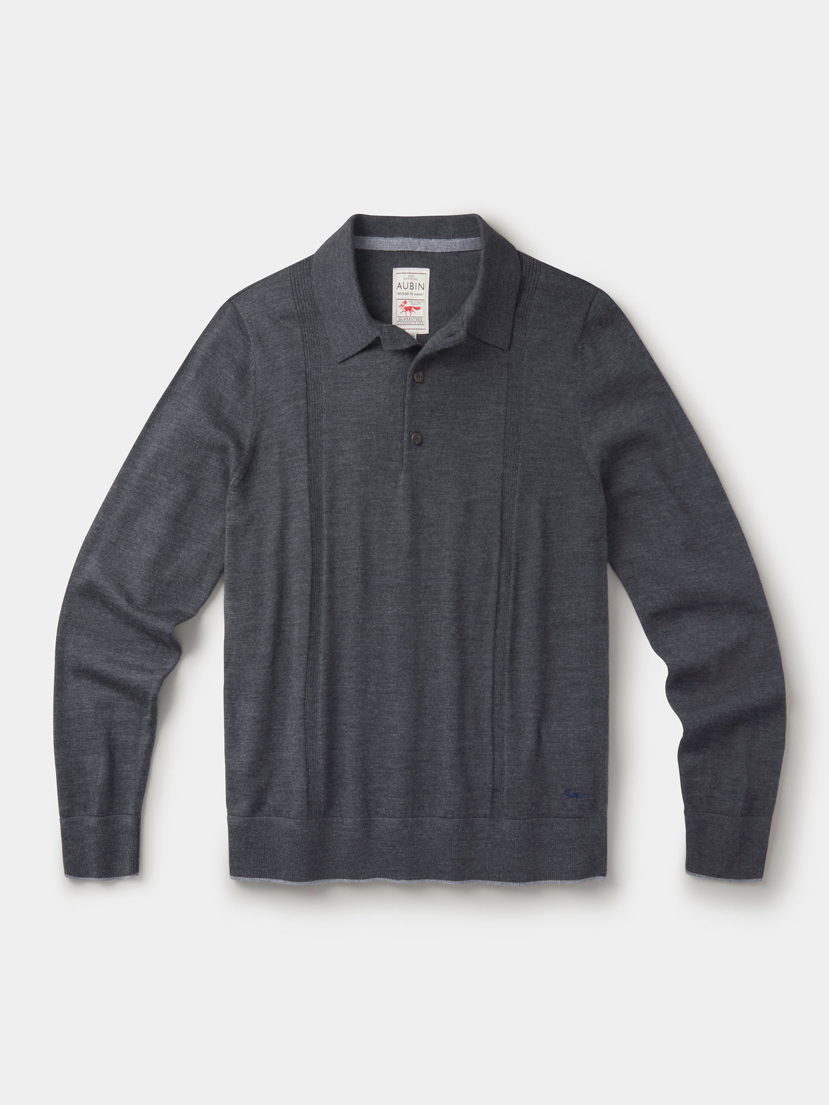 Aubin Dark Charcoal Elm Extra Fine Merino Textured Long Sleeve Polo | Knitted Polo