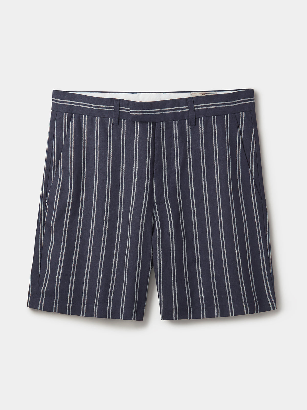 Aubin Navy/Ecru Stripe Elwis Linen Stripe Flat Front Short | Linen Shorts