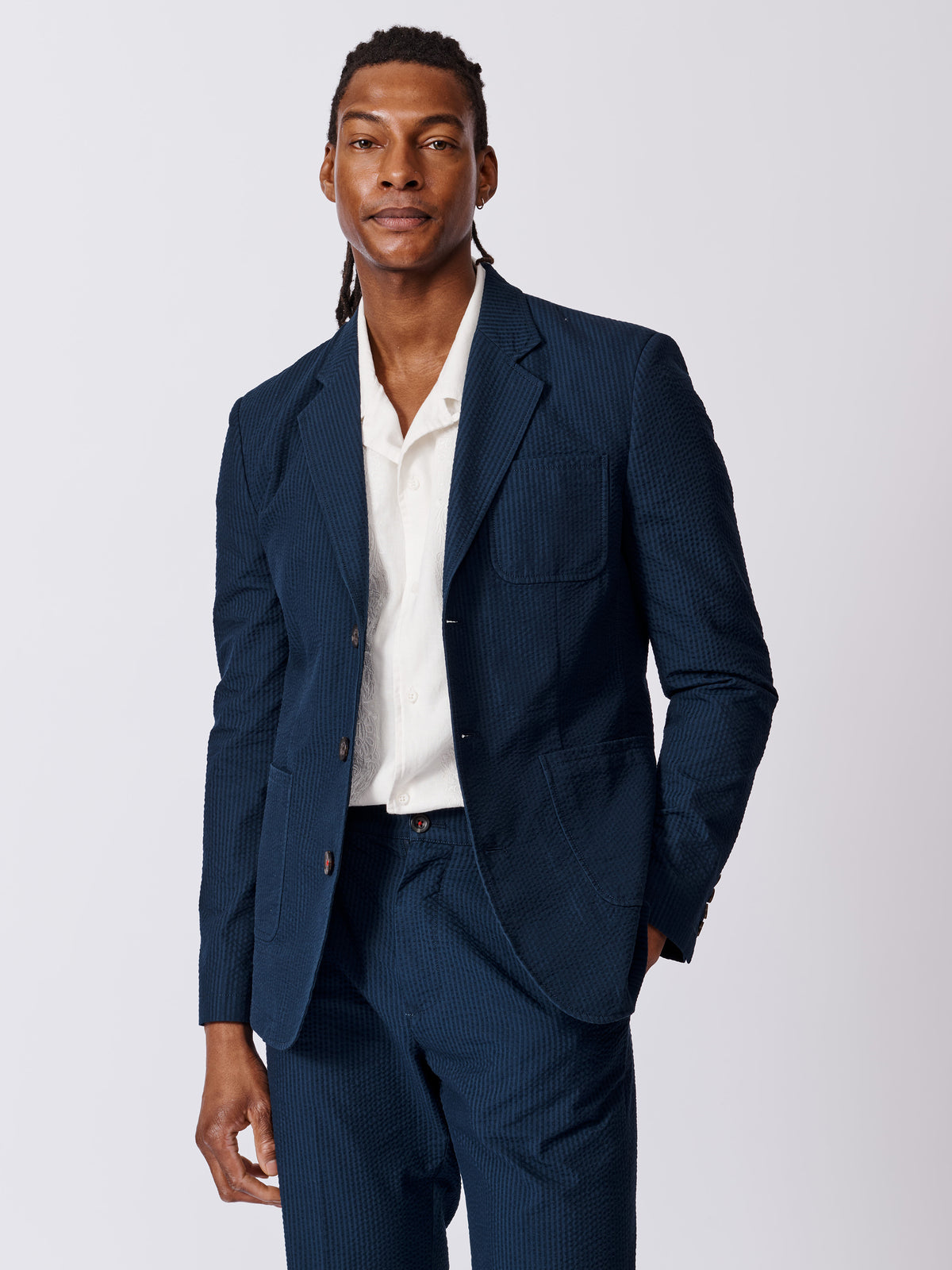 Aubin Navy Mareham Seersucker Patch Pocket Jacket | Seersucker Jacket