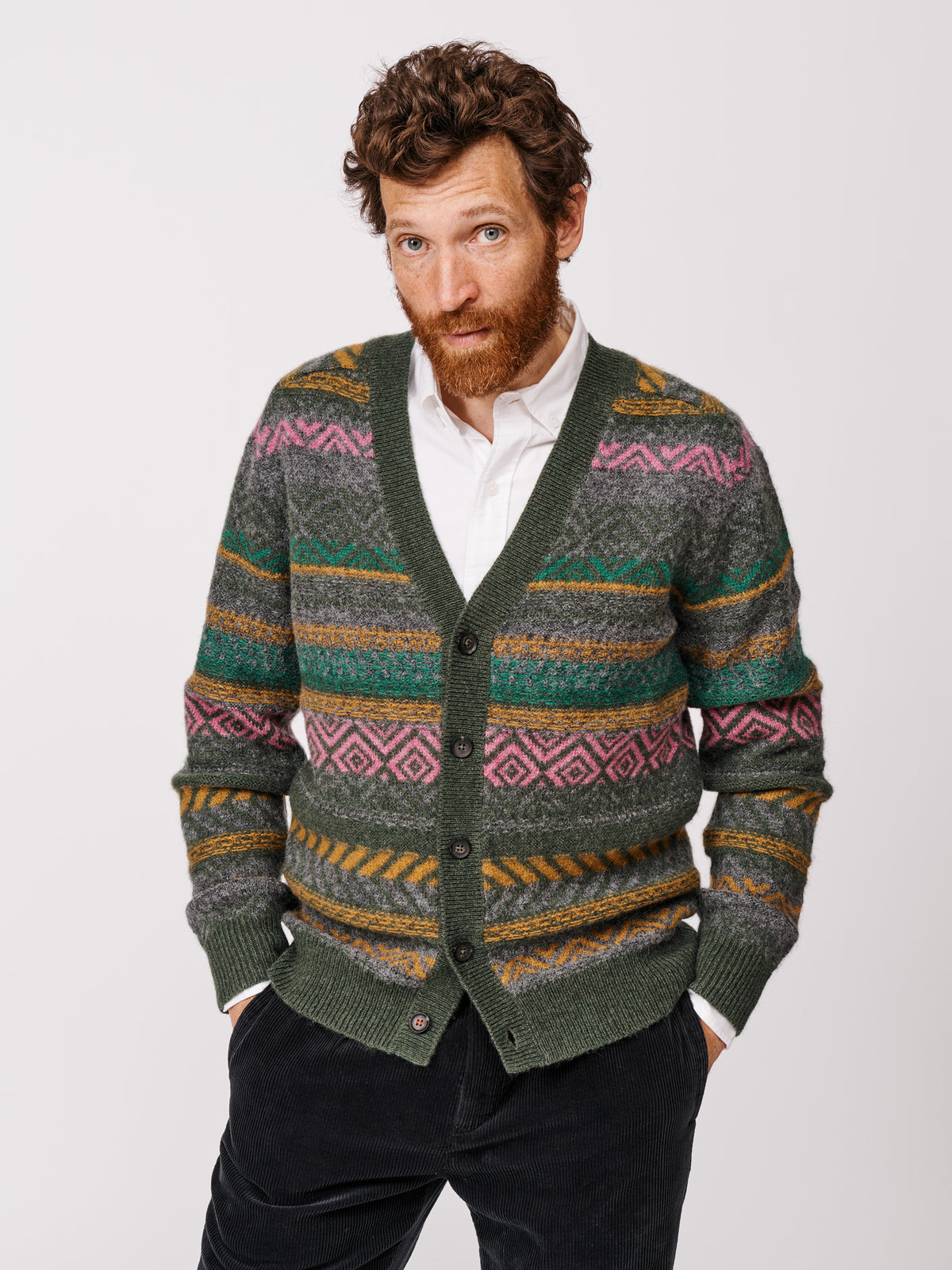 Aubin Khaki Mix Fairisle Cardigan | Cardigan