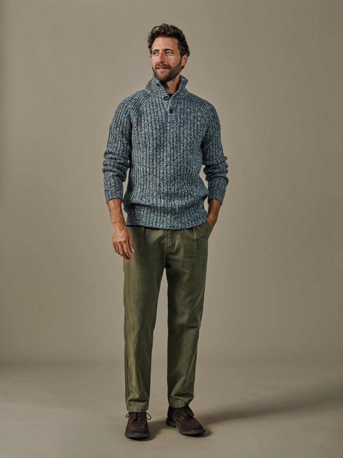 Aubin Grey Twist Farnham Fisherman Rib Button Neck Jumper | Button Neck
