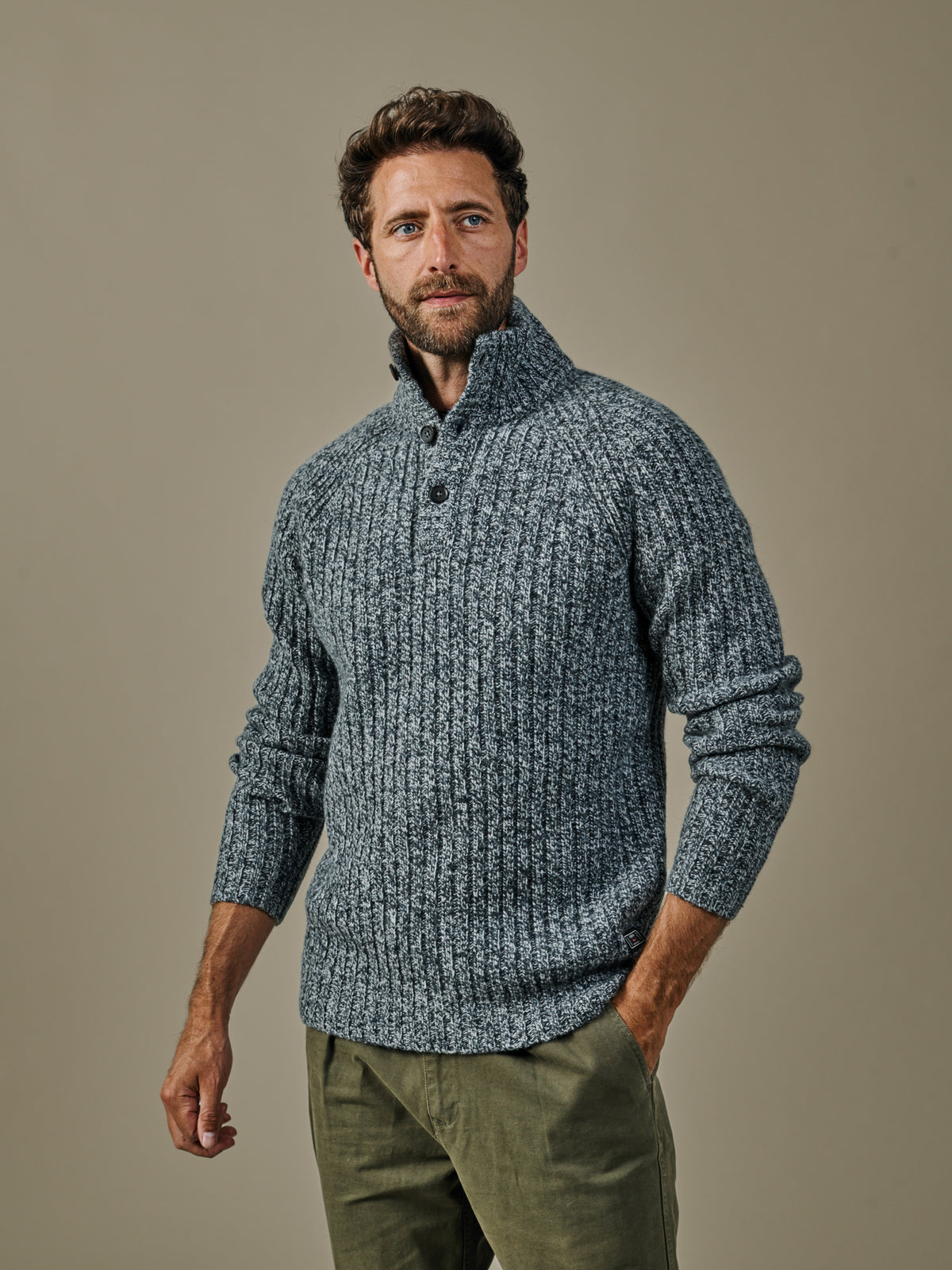 Aubin Grey Twist Farnham Fisherman Rib Button Neck Jumper | Button Neck