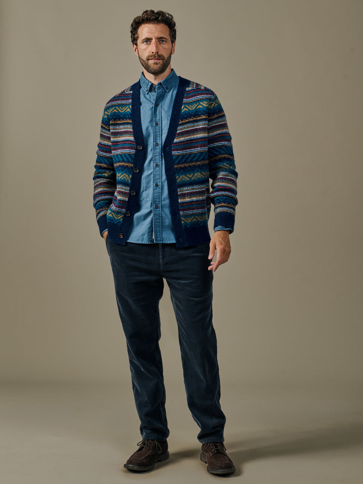 Aubin Blues Mix Fenton Fairisle Geo Cardigan | Cardigan