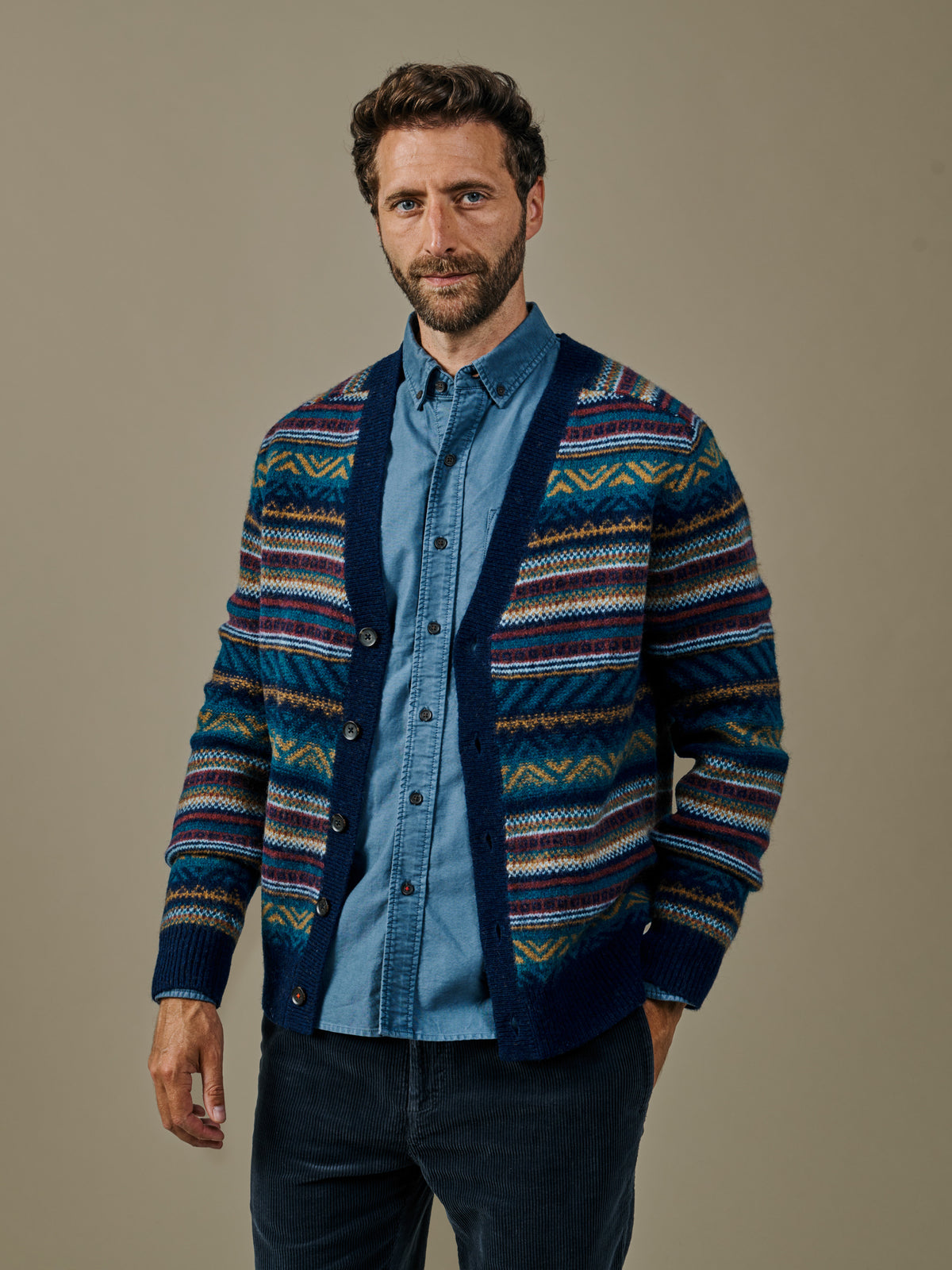 Aubin Blues Mix Fenton Fairisle Geo Cardigan | Cardigan
